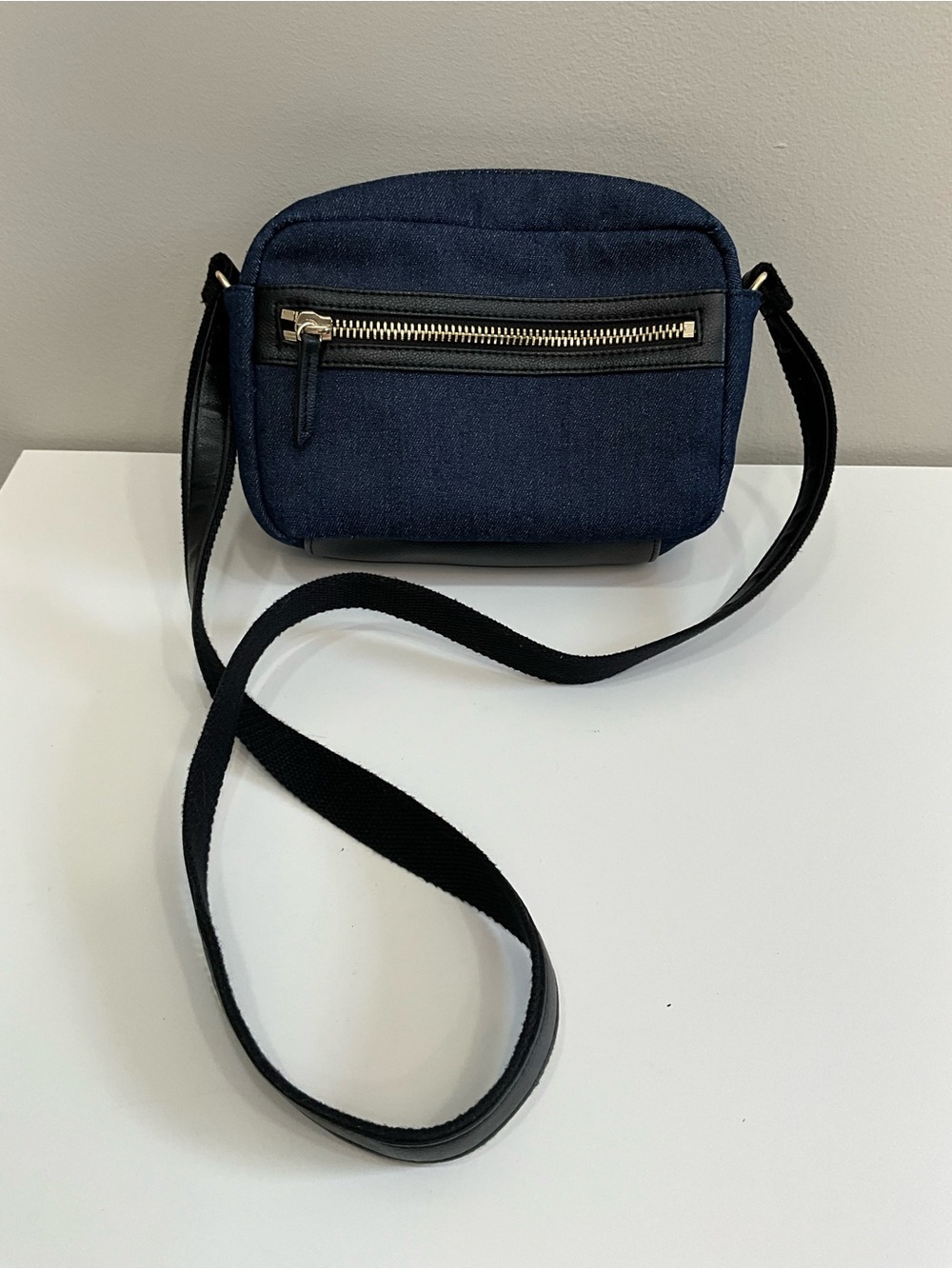 BARNEYS NEW YORK Denim Crossbody Bag Navy Blue Black Strap Minimalist